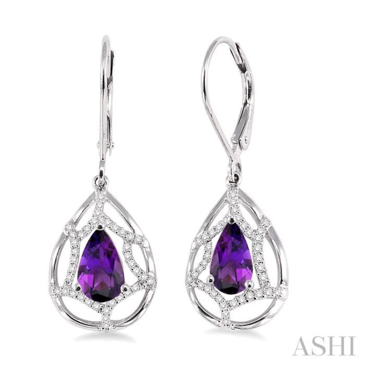 8x5mm Pear Shape Amethyst and 1/4 Ctw Round Cut Diamond Semi Precious Earrings in 14K White Gold