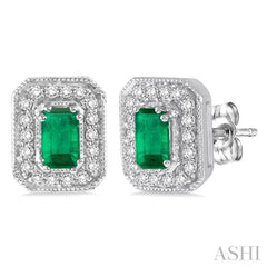 5x3 MM Emerald Shape Emerald and 1/4 Ctw Round Cut Diamond Earrings in 14K White Gold