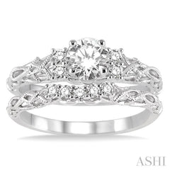 1/2 Ctw Diamond Wedding Set with 1/3 Ctw Round Cut Engagement Ring and 1/10 Ctw Wedding Band in 14K White Gold