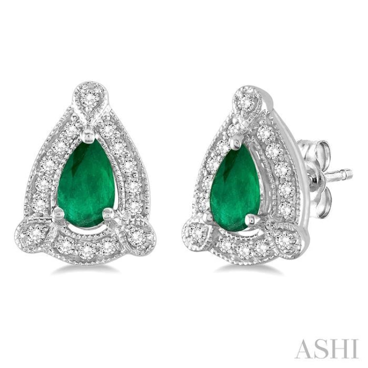 5x3 MM Pear Shape Emerald and 1/6 Ctw Round Cut Diamond Earrings in 14K White Gold