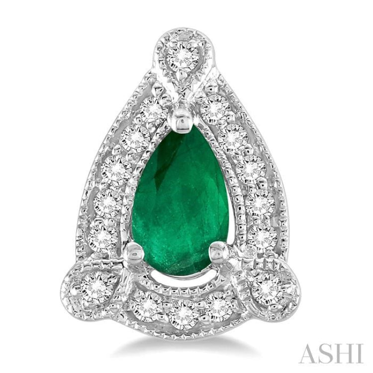 5x3 MM Pear Shape Emerald and 1/6 Ctw Round Cut Diamond Earrings in 14K White Gold