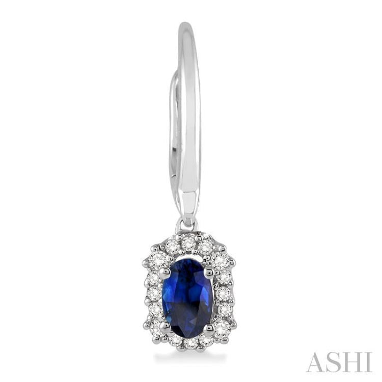 5x3 MM Oval Cut Sapphire and 1/6 Ctw Round Cut Diamond Precious Earrings in 14K White Gold