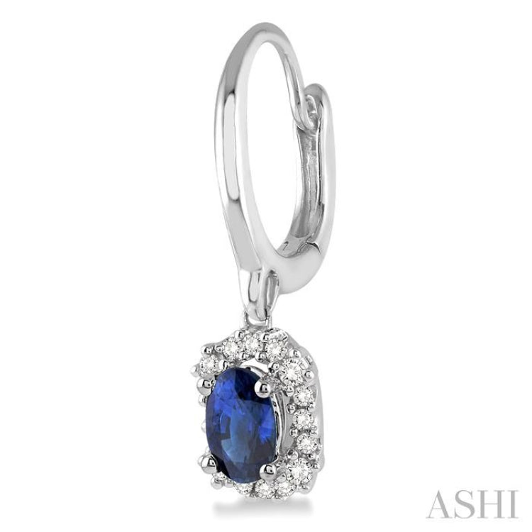 5x3 MM Oval Cut Sapphire and 1/6 Ctw Round Cut Diamond Precious Earrings in 14K White Gold