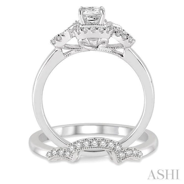 1/2 Ctw Diamond Wedding Set with 3/8 Ctw Princess Cut Engagement Ring and 1/10 Ctw Wedding Band in 14K White Gold