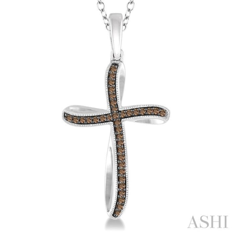 1/6 Ctw Round Cut Champagne Brown Diamond Cross Pendant in Sterling Silver with Chain