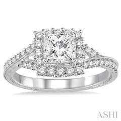 7/8 Ctw Diamond Engagement Ring with 3/8 Ct Princess Cut Center Stone in 14K White Gold