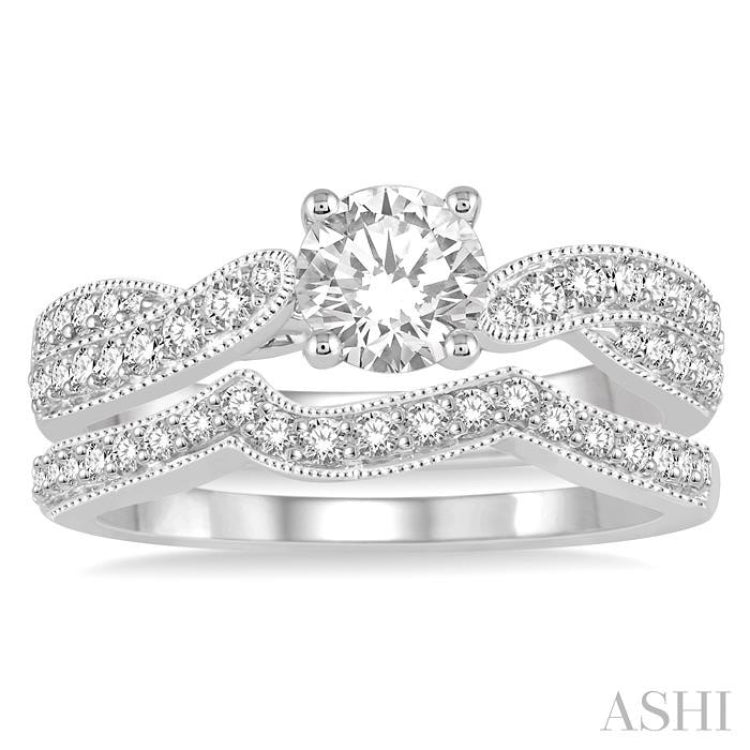 7/8 Ctw Diamond Bridal Set with 5/8 Ctw Round Cut Engagement Ring and 1/5 Ctw Wedding Band in 14K White Gold