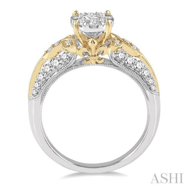 3/4 Ctw Round Diamond Lovebright Vintage Inspired Engagement Ring in 14K White and Yellow Gold