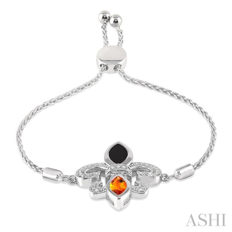 1/20 Ctw Marquise 10x5 MM Onyx & 8x4 MM Citrine Round Diamond Fleur De Lis Sterling Silver Lariat Bracelet