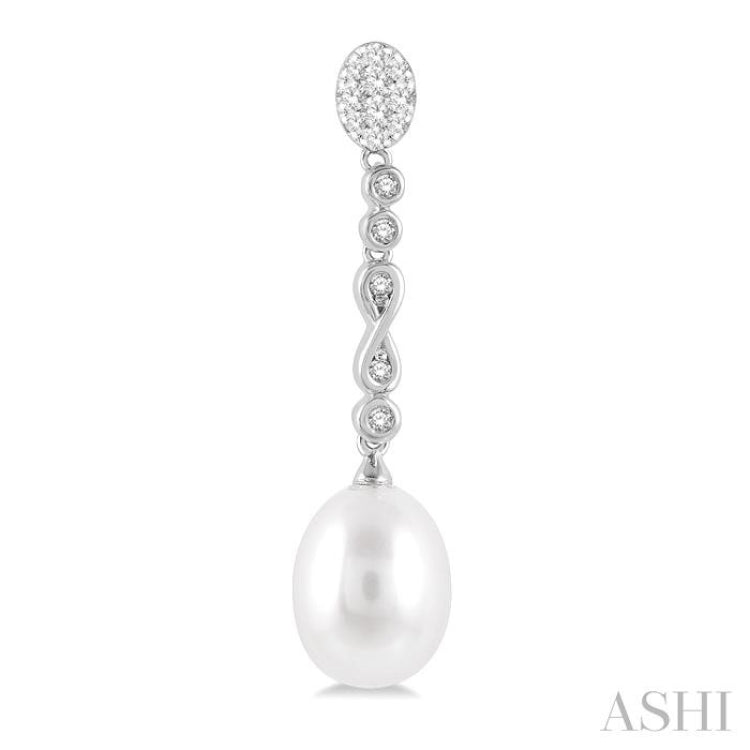 1/4 ctw Round Cut Diamond and 11x8.5MM Cultured Pearls Drop Hanging Lovebright Earring in 14K White Gold