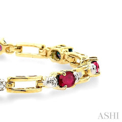 5x3 MM Oval Cut Ruby and 1/10 ctw Round Cut Diamond Precious Bracelet in 10K Yellow Gold