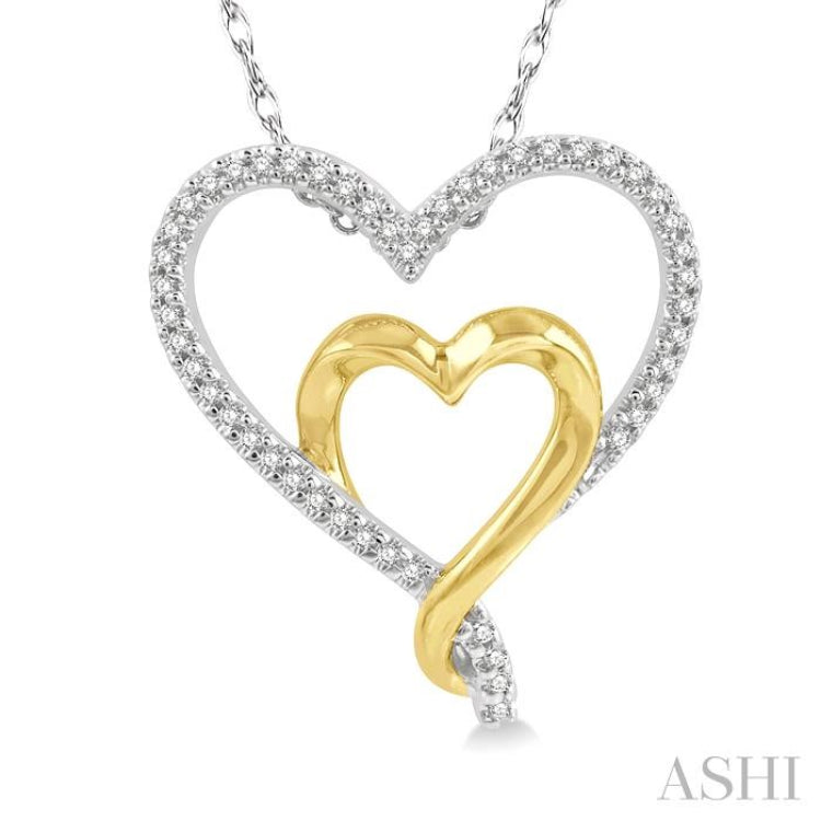 1/6 Ctw Two Tone Twin Heart Round Cut Diamond Pendant With Chain in 10K White and Yellow Gold