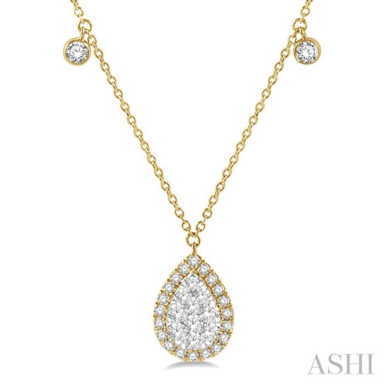 3/4 ctw Pear Shape Lovebright Round Cut Diamond Necklace in 14K Yellow and White Gold