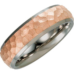 18K Rose Gold-Plated & Titanium 7 mm Beveled-Edge Band with Hammered Finish Size 7.5