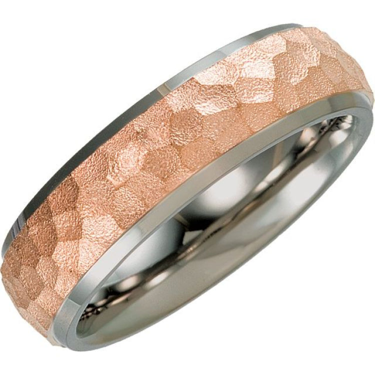 18K Rose Gold-Plated & Titanium 7 mm Beveled-Edge Band with Hammered Finish Size 9.5