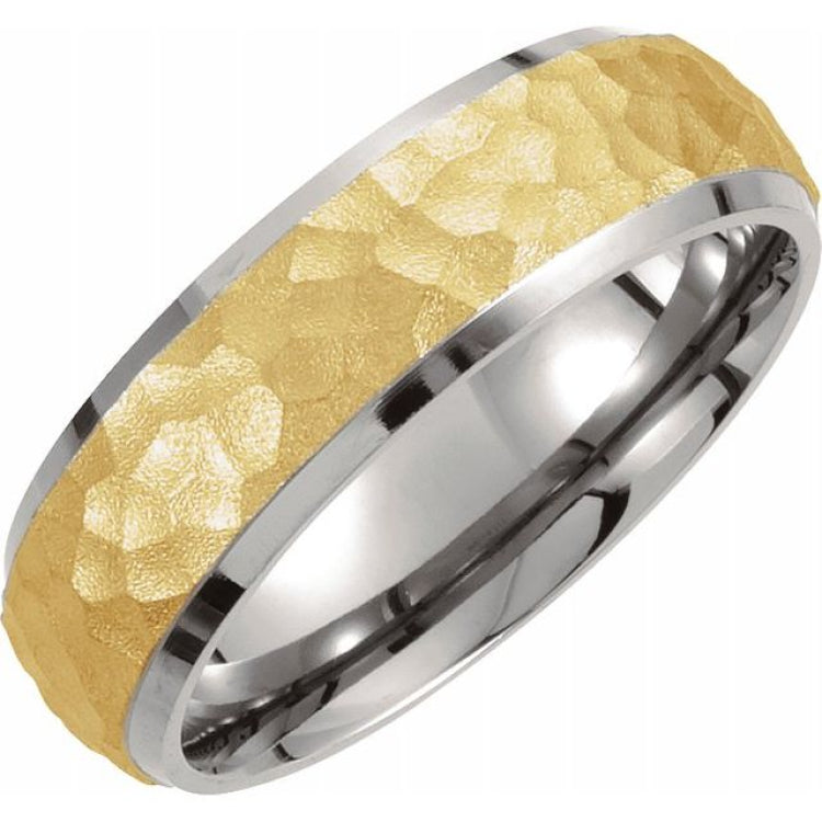 18K Yellow Gold-Plated & Titanium 7 mm Beveled-Edge Band with Hammered Finish Size 9