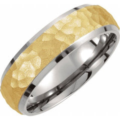 18K Yellow Gold-Plated & Titanium 7 mm Beveled-Edge Band with Hammered Finish Size 9