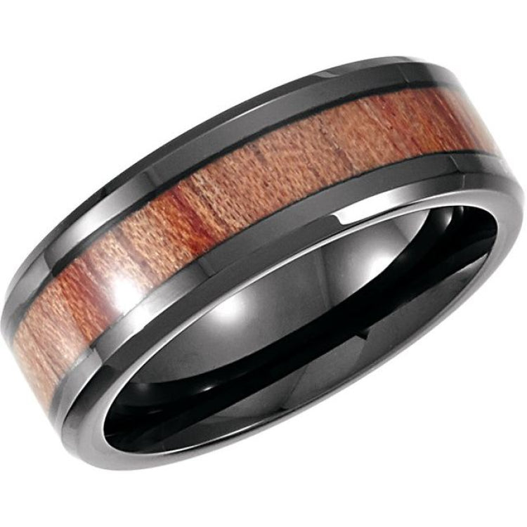 Black PVD Cobalt 8 mm Casted Wood Inlay Comfort-Fit Band Size 11.5