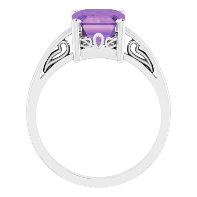 14K White Natural Amethyst Scroll Setting® Ring