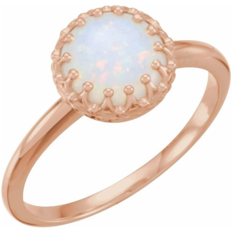 14K Rose 8 mm Natural White Opal Crown Cabochon Ring