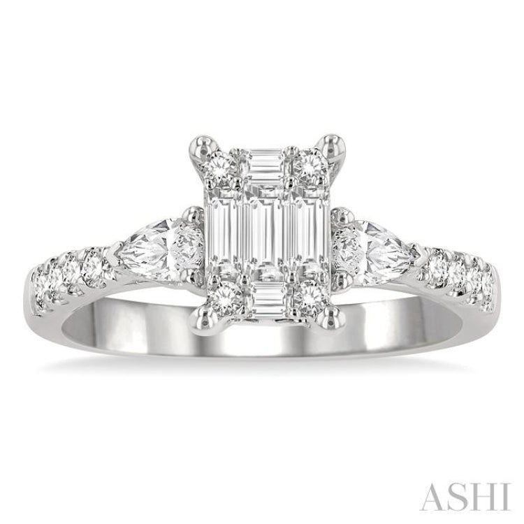 3/4 Ctw Emerald Shape Baguette, Pear and Round Cut Diamond Fusion Engagement Ring in 14K White Gold