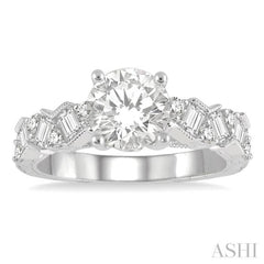 1/2 ctw Zigzag Shank Baguette and Round Cut Diamond Semi-Mount Engagement Ring in 14K White Gold