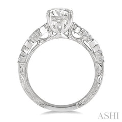 1/2 ctw Zigzag Shank Baguette and Round Cut Diamond Semi-Mount Engagement Ring in 14K White Gold