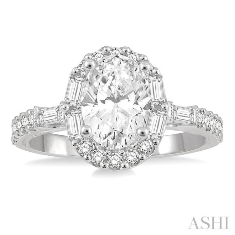 5/8 ctw Oval Shape Baguette and Round Cut Diamond Semi-Mount Engagement Ring in 14K White Gold