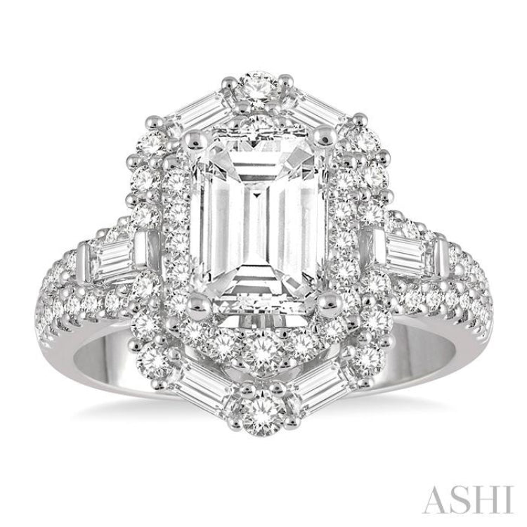 1 1/10 ctw Hexagonal Shape Baguette and Round Cut Diamond Semi-Mount Engagement Ring in 14K White Gold