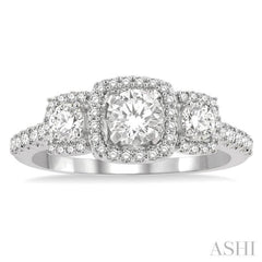 1 Ctw Cushion Shape Past, Present & Future Diamond Engagement Ring With 3/8 ct Round Cut Center Stone in 14K White Gold