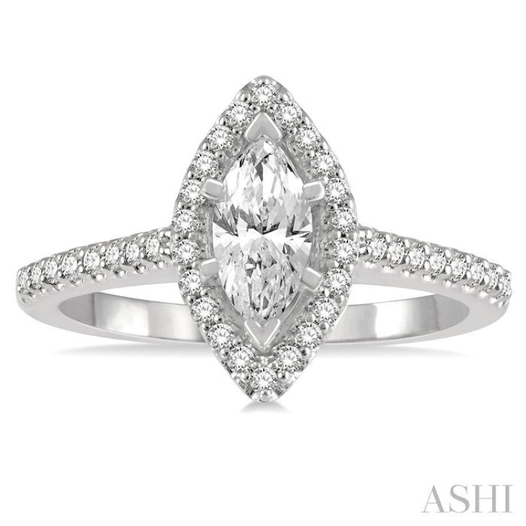 3/4 ctw Round Cut Diamond Engagement Ring With 1/2 ct Marquise Cut Center Stone in 14K White Gold