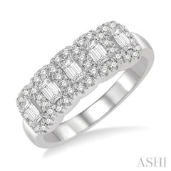 1 ctw Emerald Shape 5 Stone Emerald & Round Cut Diamond Halo Wedding Band in 14K White Gold