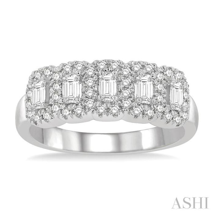 1 ctw Emerald Shape 5 Stone Emerald & Round Cut Diamond Halo Wedding Band in 14K White Gold