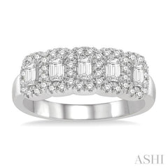 1 ctw Emerald Shape 5 Stone Emerald & Round Cut Diamond Halo Wedding Band in 14K White Gold