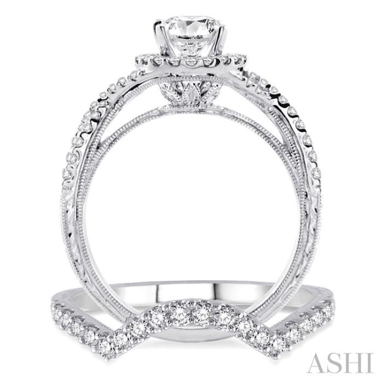 1 1/5 Ctw Diamond Wedding Set with 1 Ctw Round Cut Engagement Ring and 1/4 Ctw Wedding Band in 14K White Gold