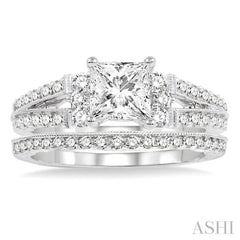 1 1/3 Ctw Diamond Wedding Set with 1 1/10 Ctw Princess Cut Engagement Ring and 1/5 Ctw Wedding Band in 14K White Gold