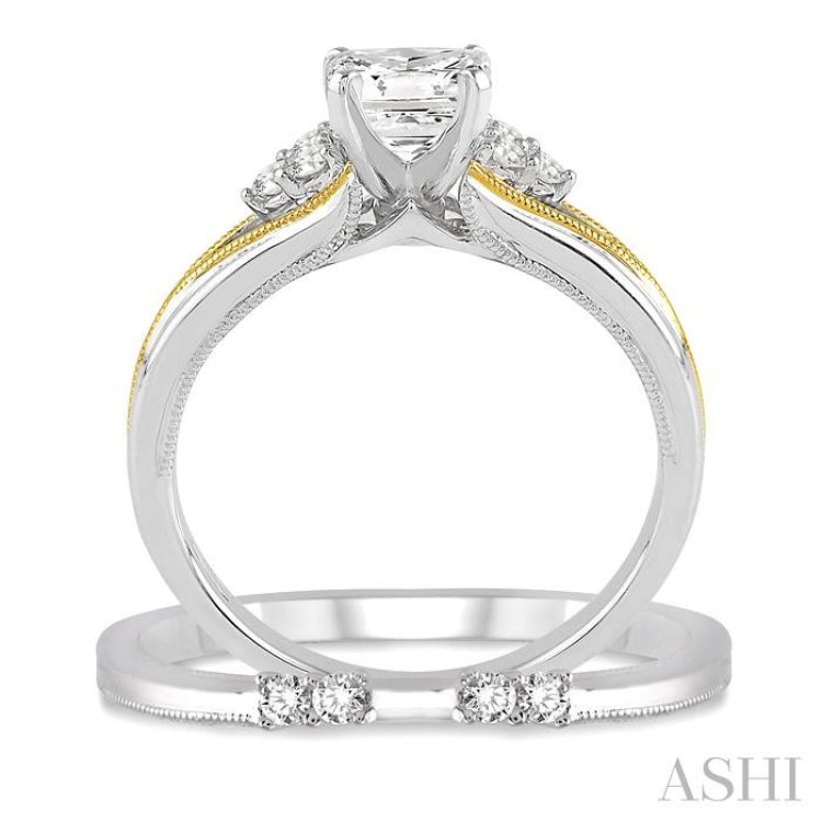 1/2 Ctw Diamond Wedding Set with 1/2 Ctw Princess Cut Engagement Ring and 1/10 Ctw Wedding Band in 14K White and Yellow Gold