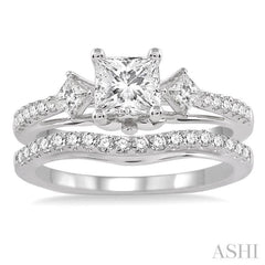 1 1/10 Ctw Diamond Wedding Set with 7/8 Ctw Princess Cut Engagement Ring and 1/4 Ctw Wedding Band in 14K White Gold