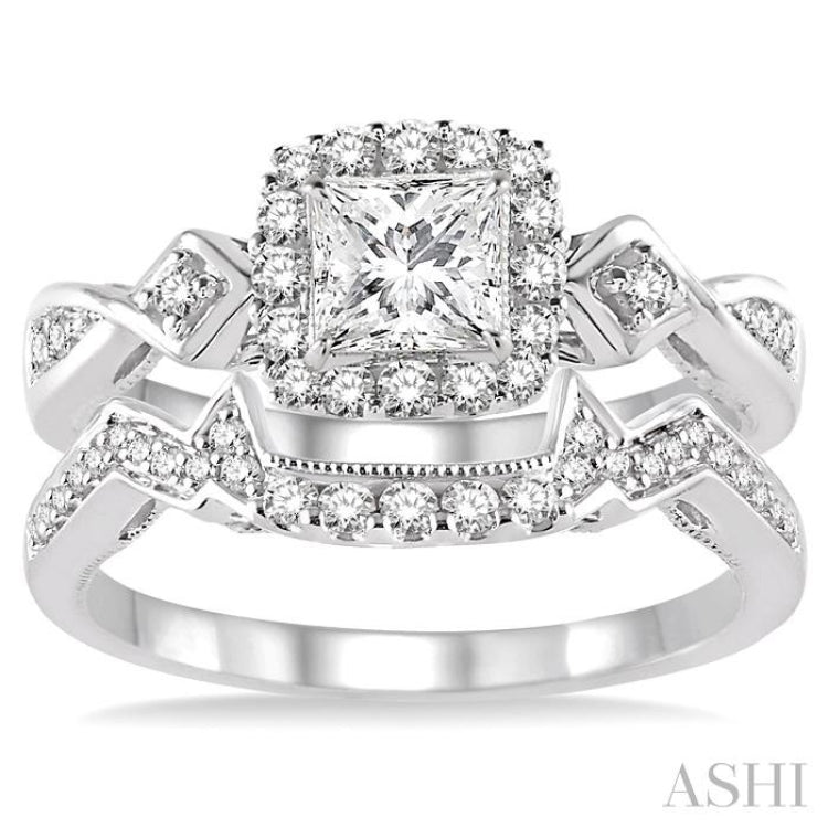 5/8 Ctw Diamond Wedding Set with 1/2 Ctw Princess Cut Engagement Ring and 1/6 Ctw Wedding Band in 14K White Gold