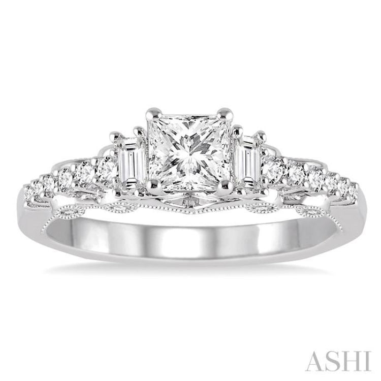 3/4 Ctw Diamond Engagement Ring with 3/8 Ct Princess Cut Center Stone in 14K White Gold