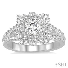 1 1/2 Ctw Diamond Engagement Ring with 3/4 Ct Princess Cut Center Stone in 14K White Gold