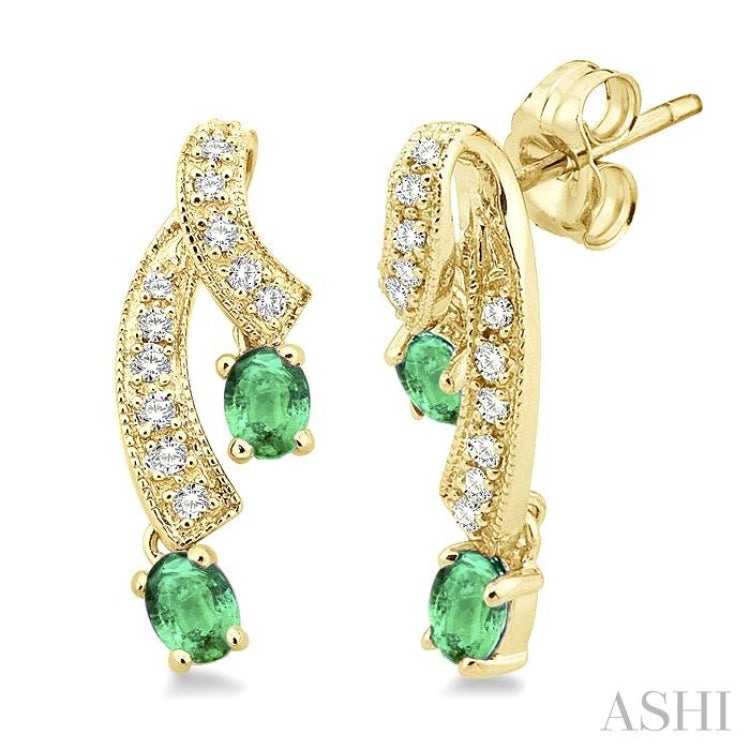 4x3MM Oval Cut Emerald and 1/5 Ctw Round Cut Diamond Precious Earrings in 14K Yellow Gold