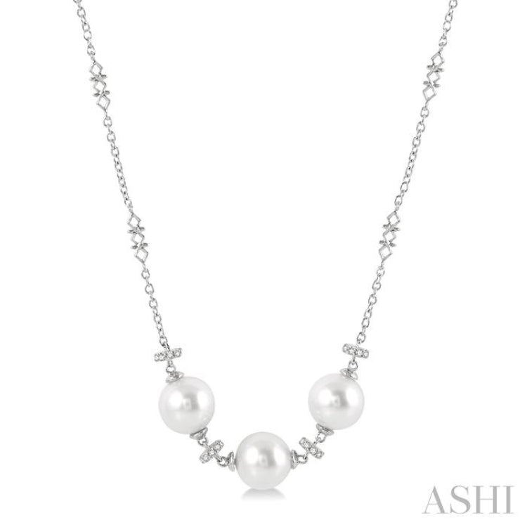 1/5 Ctw 8x8MM Triple Cultured Pearls and Round Cut Diamond Circular Mount Necklace in 14K White Gold