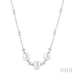 1/5 Ctw 8x8MM Triple Cultured Pearls and Round Cut Diamond Circular Mount Necklace in 14K White Gold