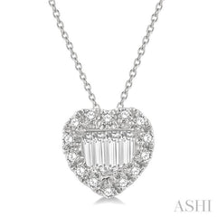 1/5 Ctw Heart Shape Baguette Center & Round Cut Diamond Pendant With Chain in 14K White Gold