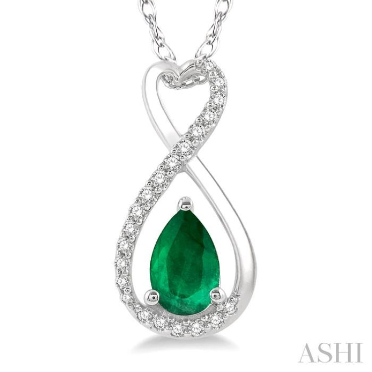 6X4 MM Pear Cut Emerald and 1/10 ctw Eternity Round Cut Diamond Precious Pendant With Chain in 10K White Gold