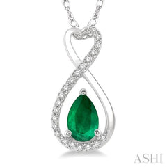 6X4 MM Pear Cut Emerald and 1/10 ctw Eternity Round Cut Diamond Precious Pendant With Chain in 10K White Gold