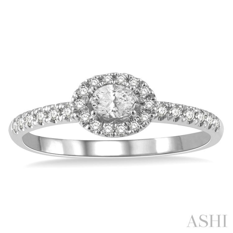 1/3 Ctw Oval Shape Round Cut Diamond Fashion Petite Ring with 1/6 Ct Oval Cut Center Stone in 14K White Gold
