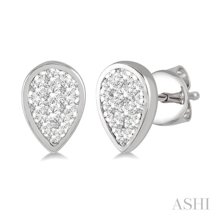 1/3 Ctw Pear Shape Lovebright Round Cut Diamond Bezel Stud Earring in 14K White Gold