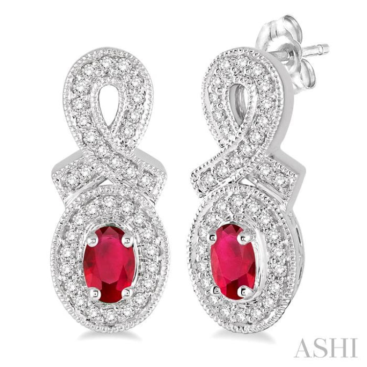 5x3 MM Oval Cut Ruby and 1/3 Ctw Round Cut Diamond Earrings in 10K White Gold